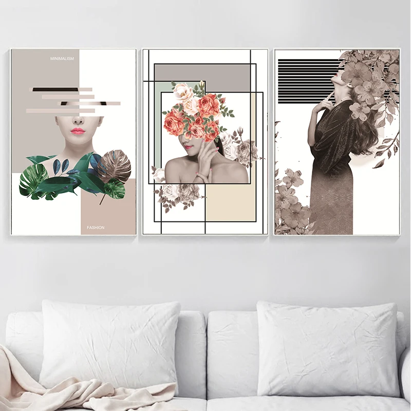 Модная красивая женщина портрет и картины на холсте с цветами настенные плакат