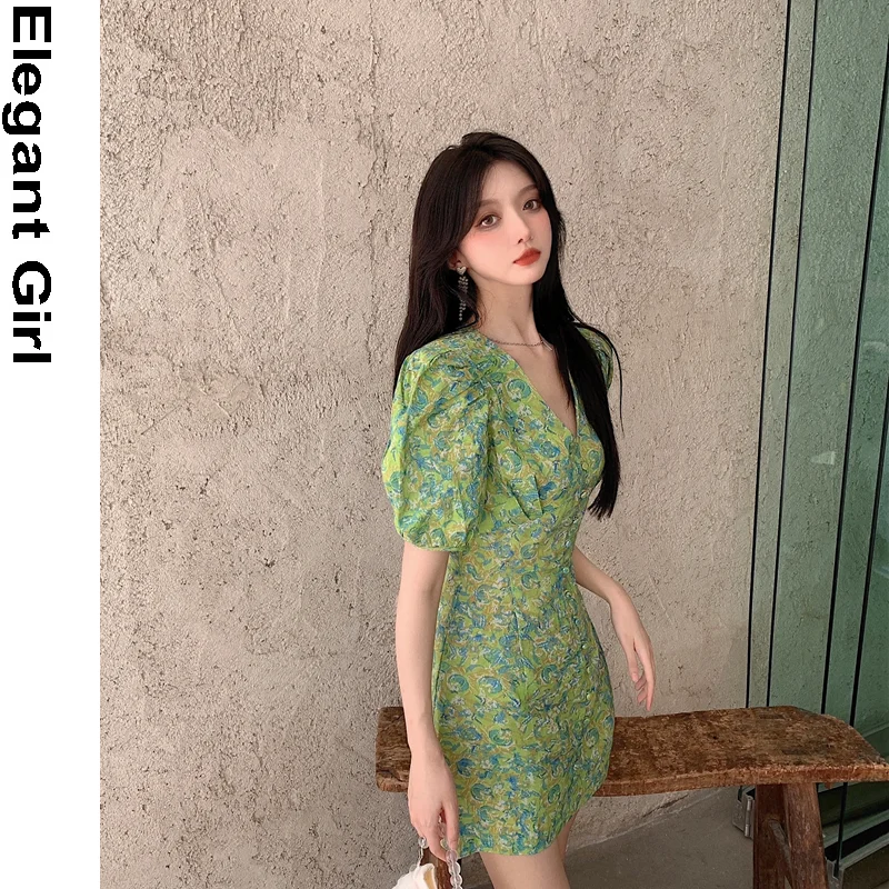 

2021 Kawaii V-neck Sweet Floral Dresses Women Elegant French Vintage Dresses Female Casual Puff Sleeve Beach Dress Summer New