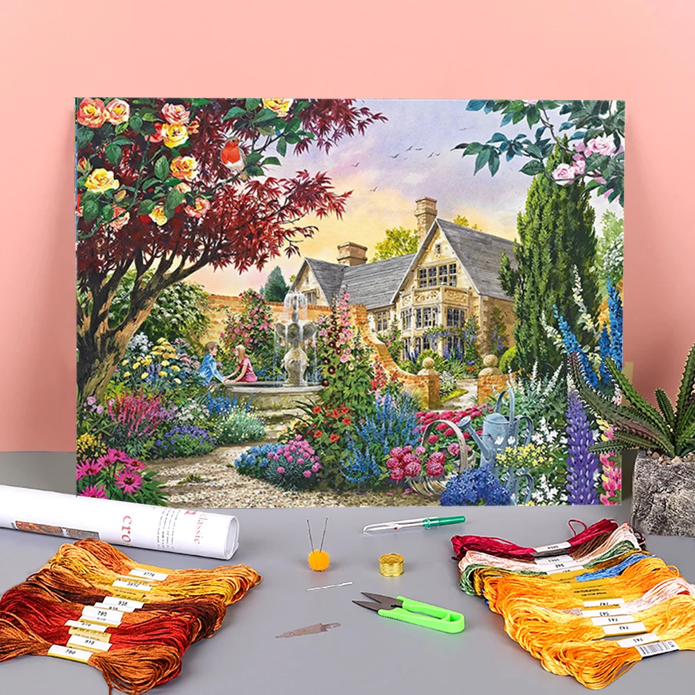 

Набор для вышивки крестиком 11CT с изображением дома цветов пейзажа