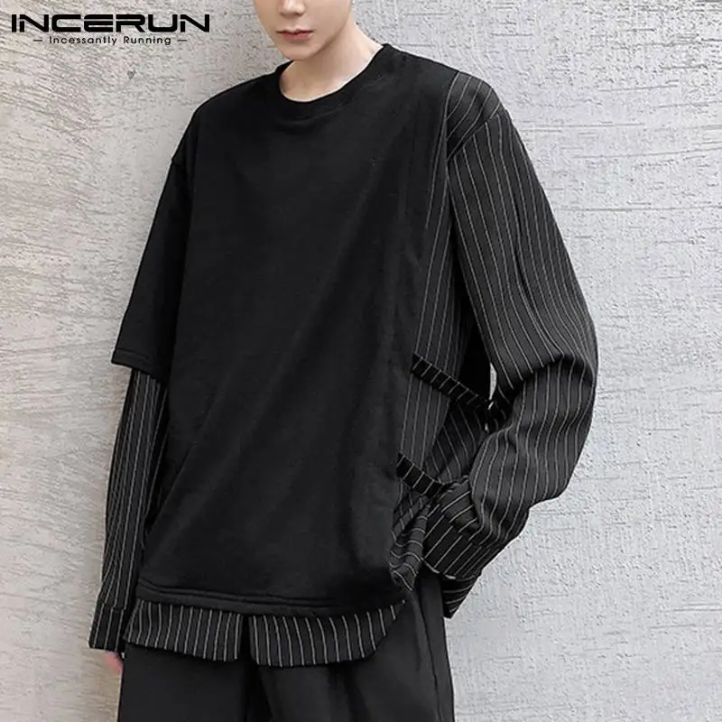 

Новинка 2021, мужские повседневные универсальные трикотажные футболки INCERUN из двух частей, необычная свободная футболка, Красивая Нижняя руб...