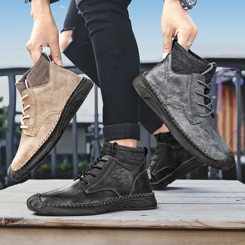 Модные мужские зимние ботинки плюшевые теплые Водонепроницаемые кожаные