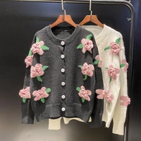 dayifun high quality cardigan floral decorate solid o neck sweater loose korean fashion female knitted cardigans womens coat