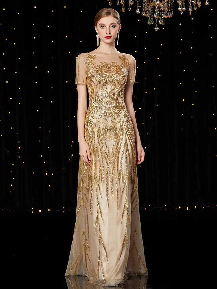 

High-end Gold Sequin Prom Dress Scoop Neck Short Sleeve A Line Long Dresses For Teens Prom Black Girl African Formal Dresses