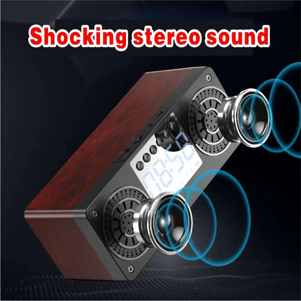 Беспроводной динамик Bluetooth с деревянным сабвуфером, ЖК-цифровыми часами и будильником на ночной стол, FM-радио.