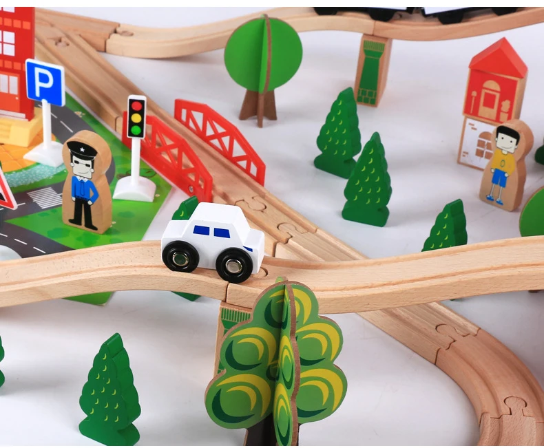 88pcs Montessori Wooden small train track set magnetic electric car head 3-7 years old boy building blocks children's toys