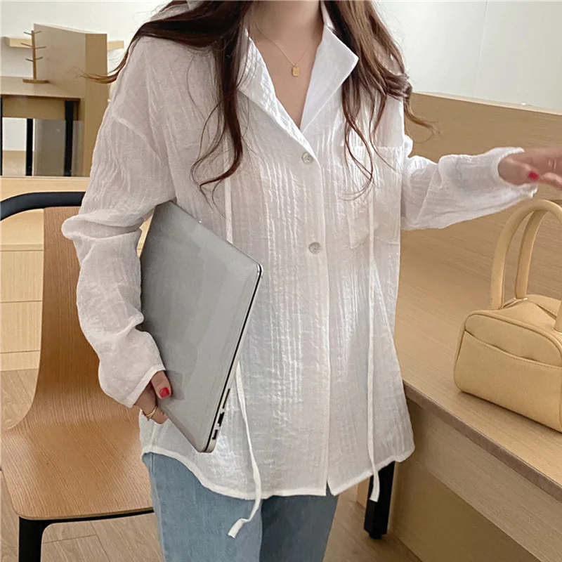 

Korean Fashion Button Up Shirt For Women Lapel Collar Long Sleeve Minimalist Solid Blouses Female Autumn Clothing 2021 X681
