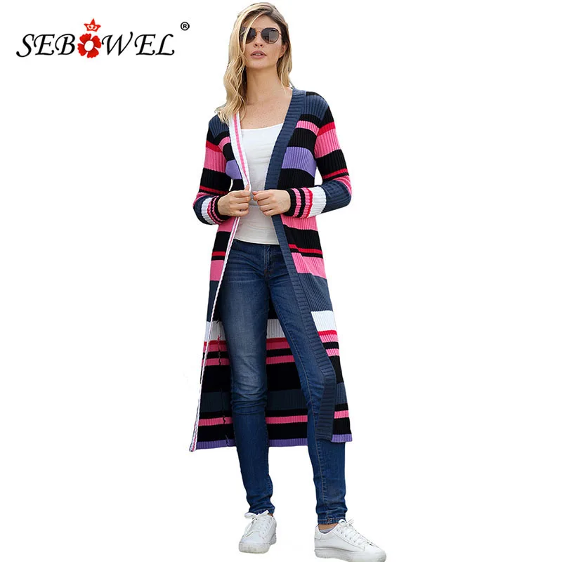 

SEBOWEL Woman's Retro Colorblock Striped Rainbow Long Cardigans Sweater Ribbed Knit Hit Color Sweaters Female Autumn Warm Coat