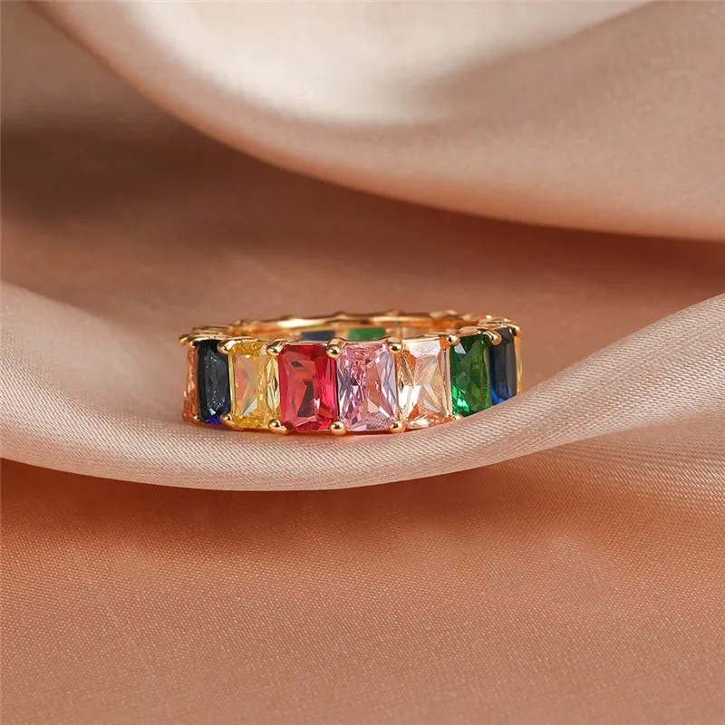 

Dainty Female Rainbow Square Crystal Jewelry Gold Color Wedding Big Rings For Women Charm Bride Engagement Valentines Day Gift