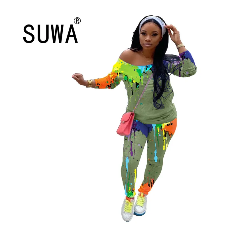 

2020 new product colorful print tracksuit women two piece sets long sleeve t-shirt top + high waist sport pants sweat suit