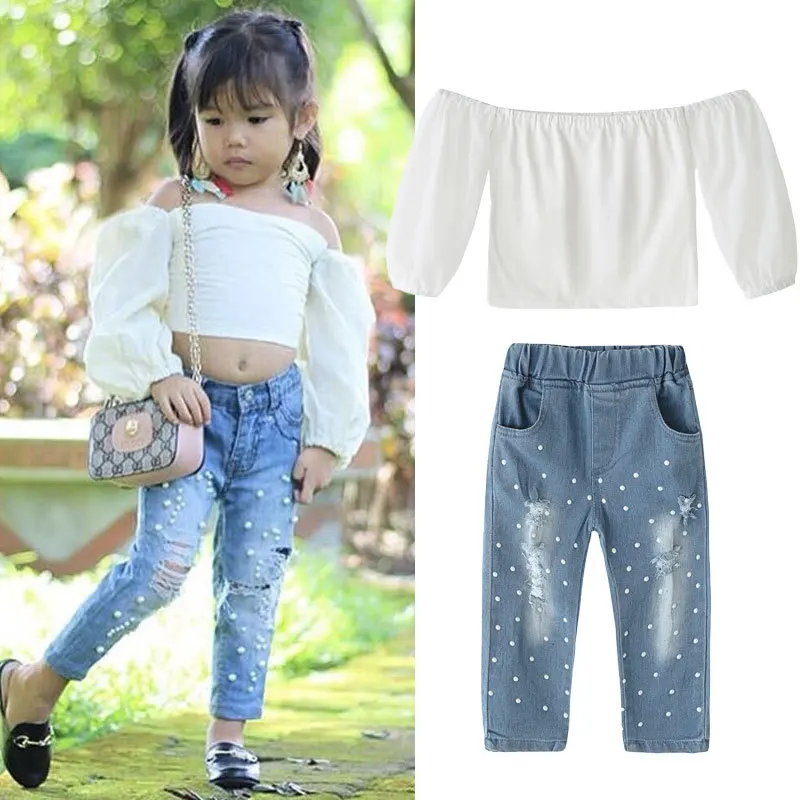 

Ins explosions in Europe and America children's wear shoulder clothes+denim trousers 2-piece girls suit wholesale