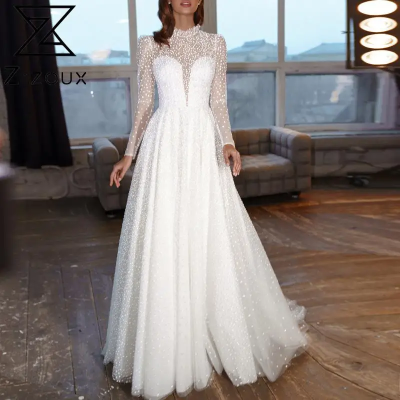 

Z-zoux Women Dress Long Sleeve Perspective Mesh Party Dresses Plus Size Vintage Sexy White Long Wedding Dresses For Women 2022