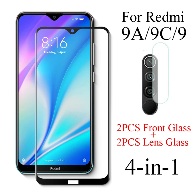 

4 IN 1 Full Tempered Glass for Xiaomi Redmi 9C 9 9A Screen Protector Explosion-proof Glass + Camera Lens Film for Redmi 9 A C