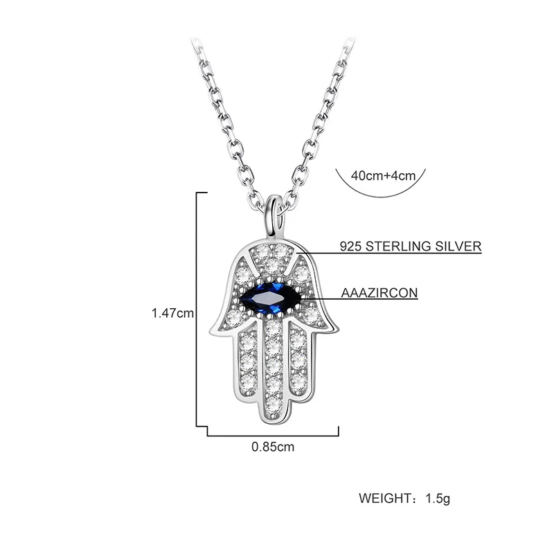 Boho Blue Eye Real 925 Sterling Silver Zircon Hamsa Hand of Fatima Necklace Lady Crystal Pendant Jewelry Choker Vintage Necklace