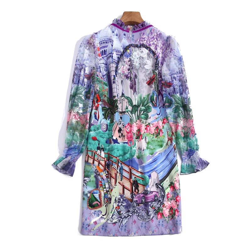 

Fashion Mini Dress High Quality Designer Spring Summer New Flared Sleeve Pocket Runway Print Designer Elegant Party Dresses