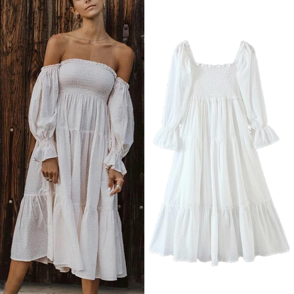 Женское платье с квадратным вырезом летнее ТРАПЕЦИЕВИДНОЕ белое бантом на спине