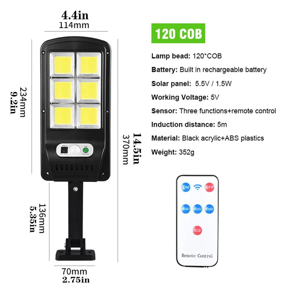 

Solar LED Street Light With PIR Motion Sensor Remote Control Smart Lamp Outdoor Garden Security Wall Light 120 COB