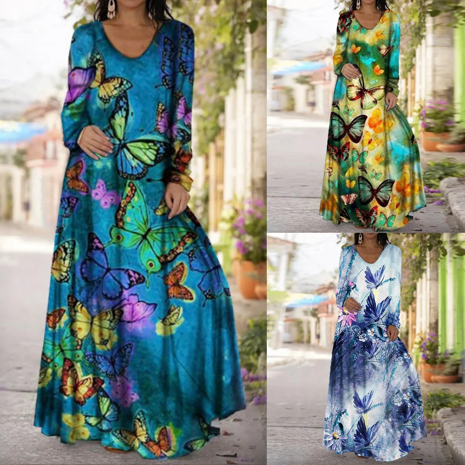 Винтажное осеннее Свободное длинное платье с принтом бабочки женское свободное