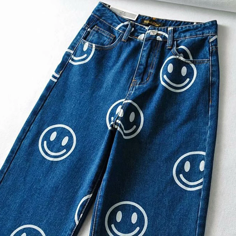 Прямые джинсы Y2K с улыбающимся принтом женские повседневные джинсовые брюки
