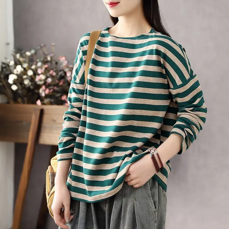 

Cotton Artistic Retro Crew Neck T-shirt Women's Long-Sleeved Striped Slimming Top Loose Tops for Women Clothing 2021