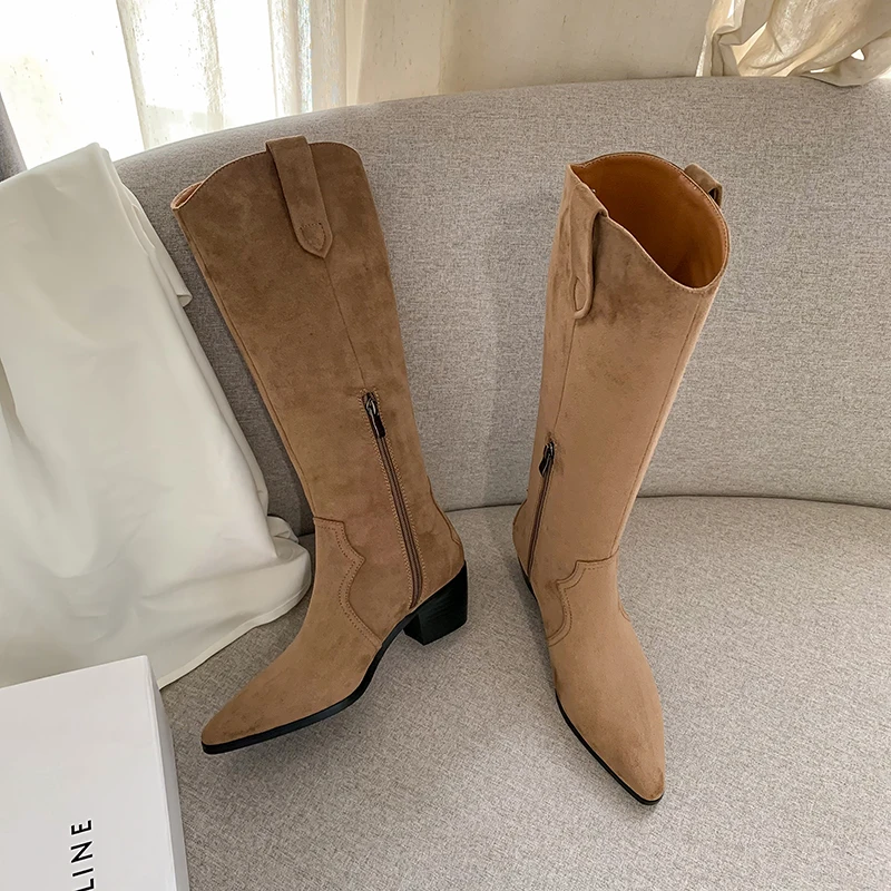 2021 Genuine Leather Knee High Boots Women Chunky Heel Cowboy High Boots Point Toe Long Boots Women Cow Suede Winter Shoes