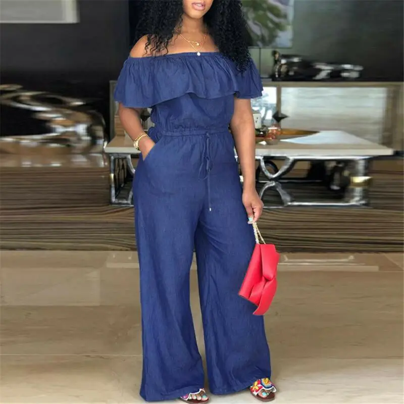 

women long jumpsuits denim off shoulder long jeans sexy solid female casual playsuits 2020 fashion pants plus size jumpsuits
