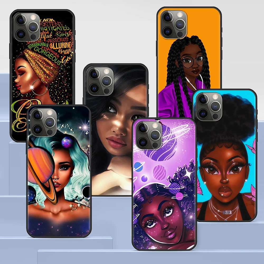 

Afro Girls Black Women Case for iPhone 13 11 12 Pro Max XR 7 8 + X 6 6S Plus XS 5 5s SE 2020 Coque Black Soft Phone Cover Funda