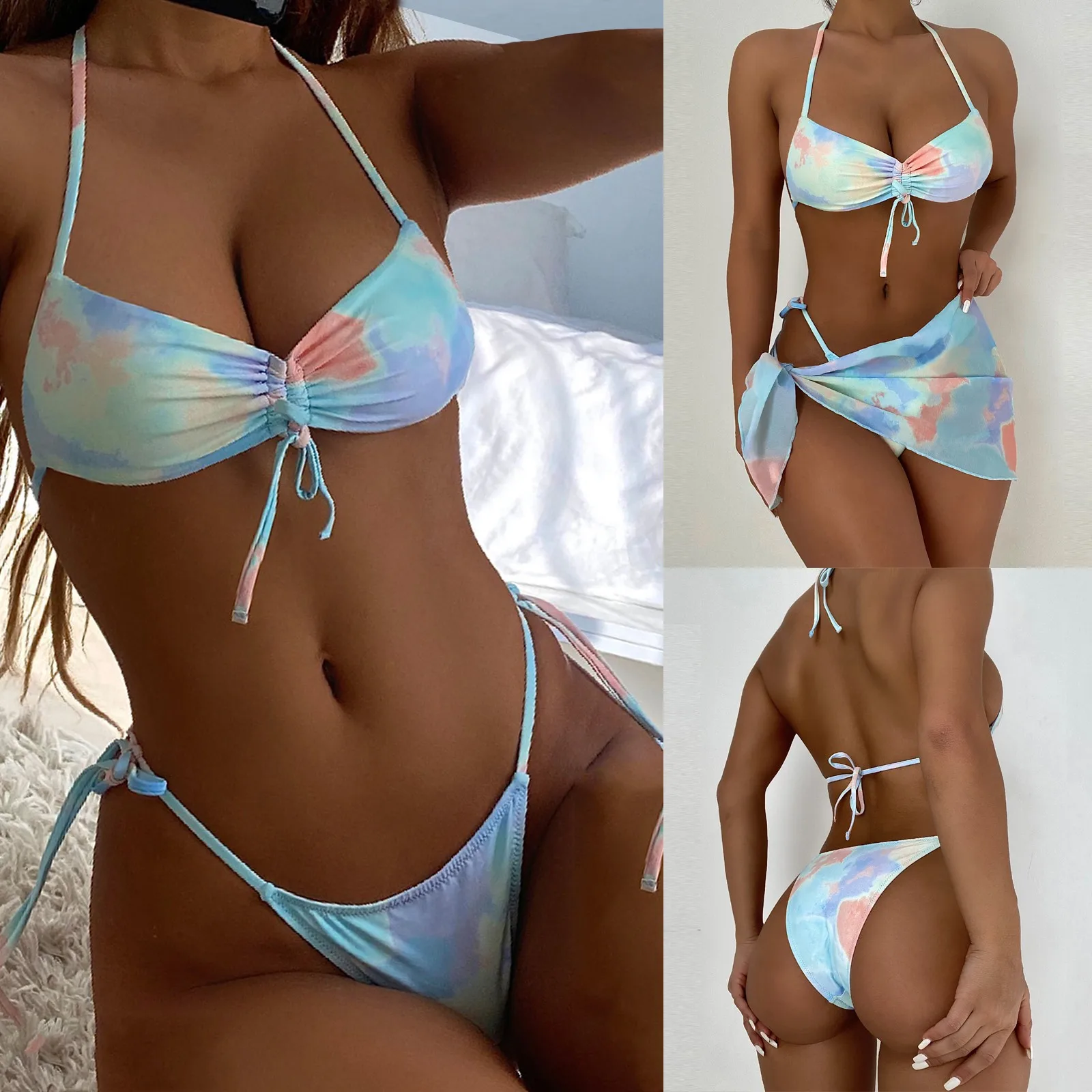 

61# bathing suit women bikini Two-Piece Tie-dye Knotting Push-Up Padded Bra Bikini Swimwear Beachwear strj kpielowy damski