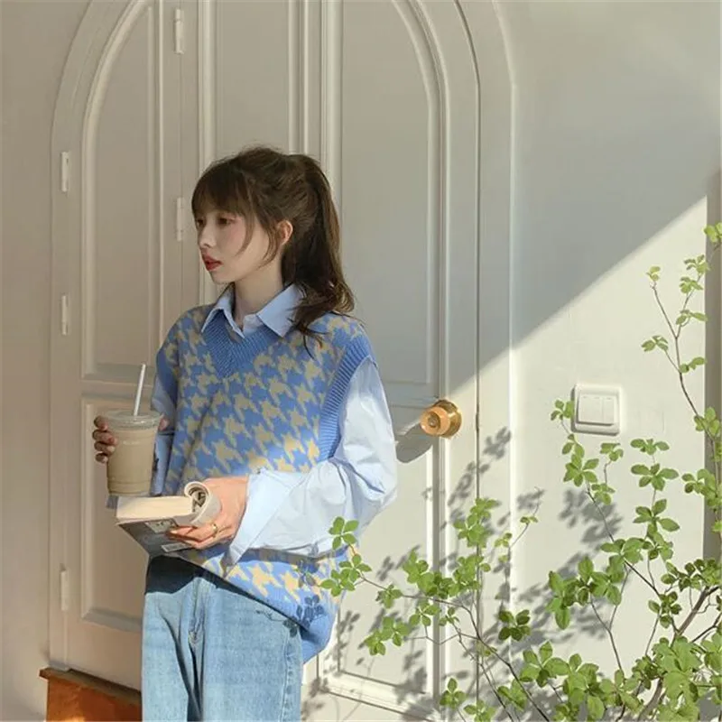 

Women Sweater Vest Autumn Houndstooth Plaid V-Neck Sleeveless Knitted Vintage Loose Oversized Female Pullover Waistcoat Tops