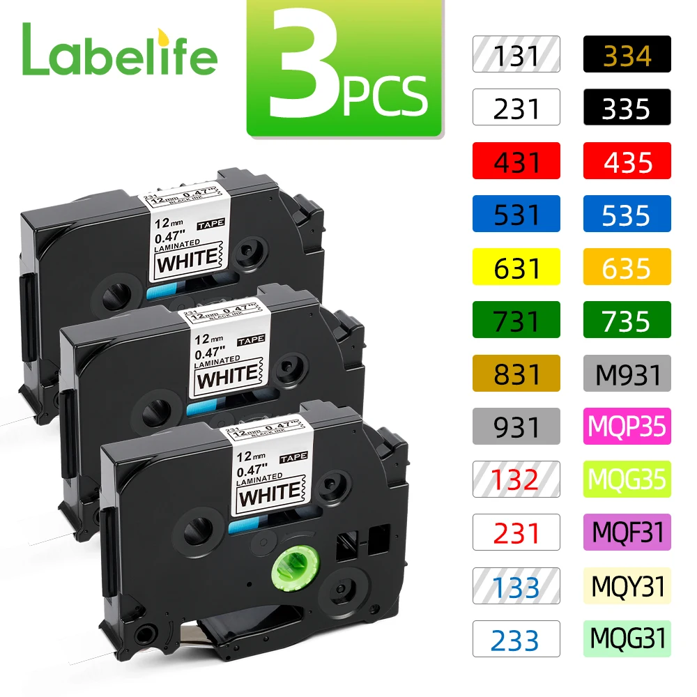 

3PK 231 label tape Compatible for Brother Label Maker Laminated Tape 12mm Black on White for Brother labeler 231 241 251 HSE231