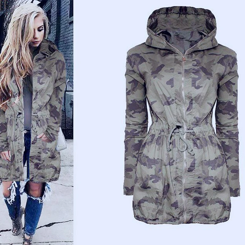 

Womens Casual Long Hooded Coat Jacket Loose Zipper Army Camouflage Outwear Streetwear