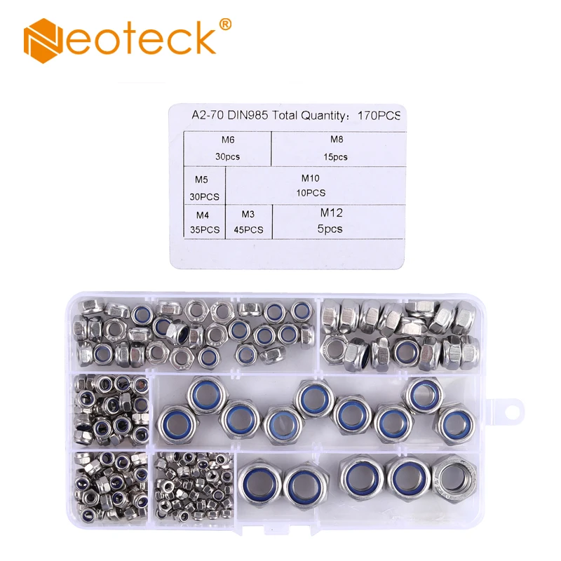 Neoteck 304 из нержавеющей стали Ассортимент 170 шт M3 M4 m5 m6 m8 m10 m12 нейлон вставная гайка |