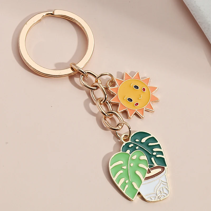 Cute Keychain Sun Cactus Flower Key Ring Letter Plants Key Chains Desert Gifts For Women Men Bag Accessorie DIY Handmade Jewelry images - 6