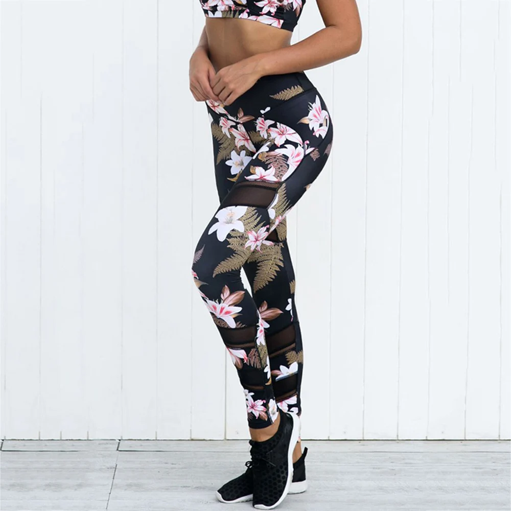 

TaoBo Flower Pattern Mesh High Waist Yoga Pants Femmes Fitness Gym Leggings Breathable Stitching Hollow Sport Pants Seamless