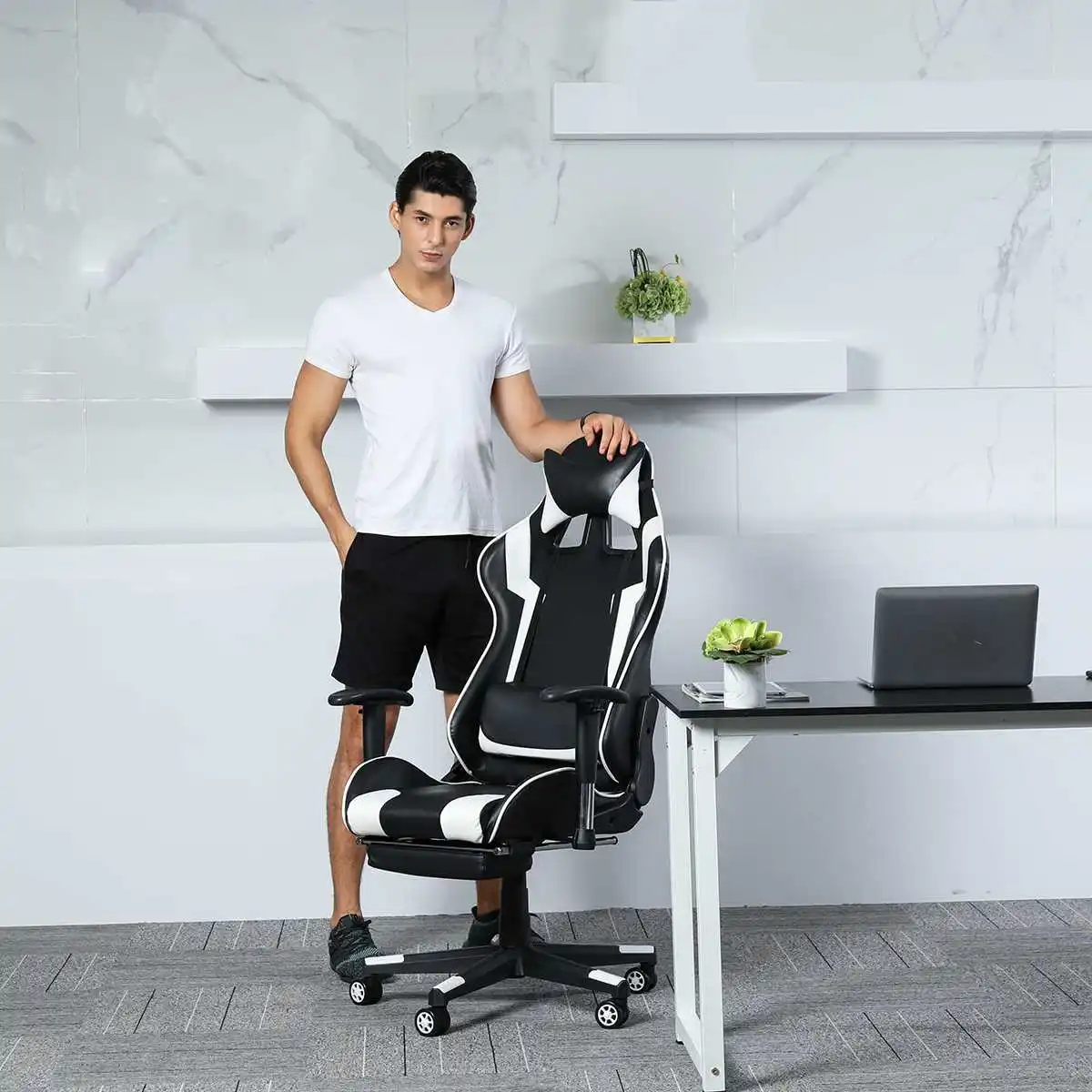 

WCG Computer Gaming Chair Racing Gamer Chair Ergonomic Leather Recliner Office Internet Cafe Household Armchair with Footrest