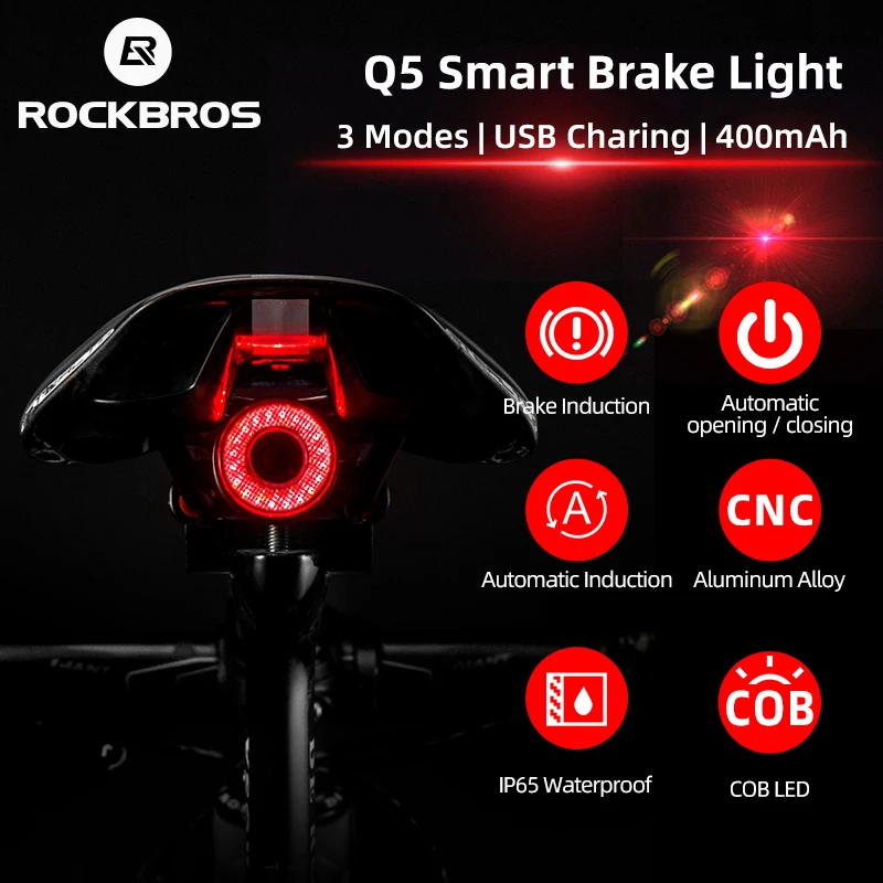 ROCKBROS Велосипед Smart Auto тормозной сенсор светильник IPx6 Водонепроницаемый светодиодный зарядки Велоспорт Хвост светильник велосипед задний светильник аксессуары Q5