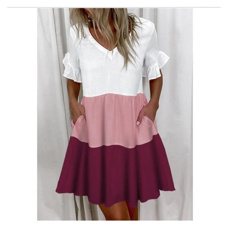 

Summer Casual Floral Ladies Ruffle Dress Sexy V-neck Mini Dress Color Matching Beach Party Dress