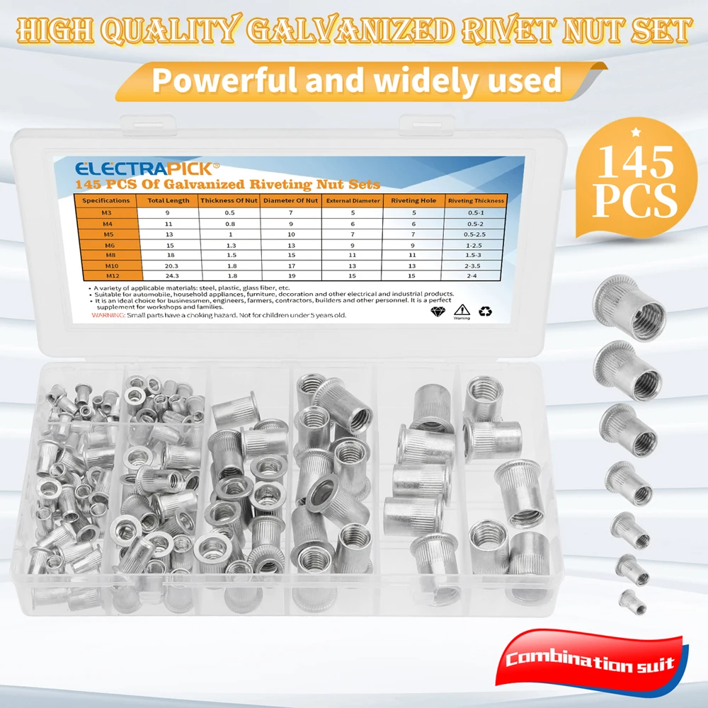

145pcs Aluminum Rivet Nuts Set Blind Threaded Insert Nutsert Cap Flat Head RivetNuts Carbon Steel M3 M4 M5 M6 M8 M10 M12