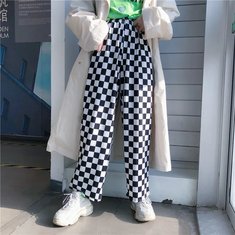 Женские винтажные брюки GOTH GIRL Harajuku черные белые клетчатые с высокой талией