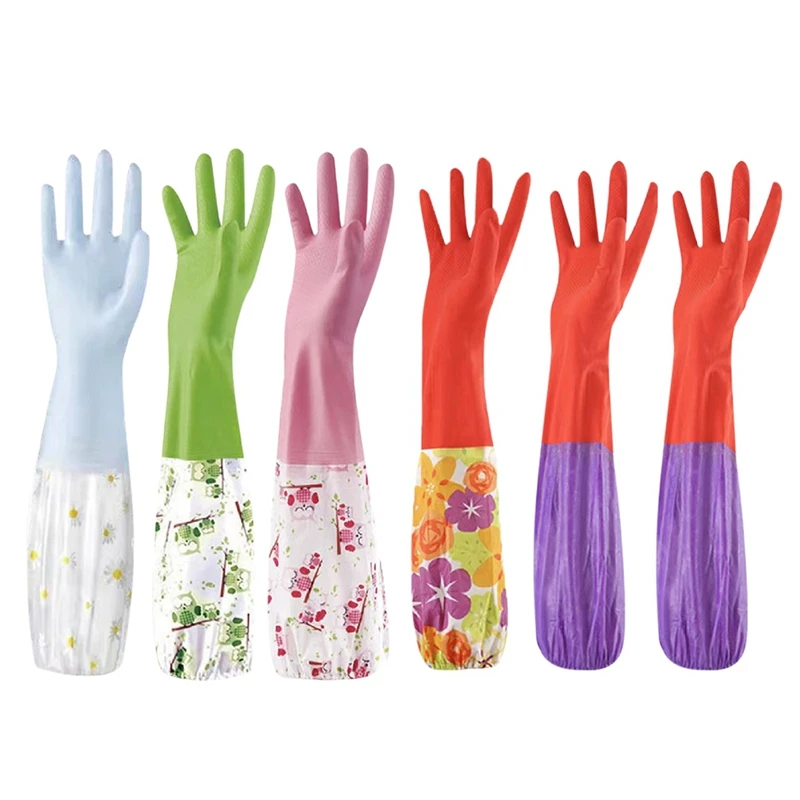 

6Pcs Latex Adding Wool Warm Flowers Purple Sleeve Cuff Washing Clean Latex Household Gloves Bunch of Mouth Wash Dishes