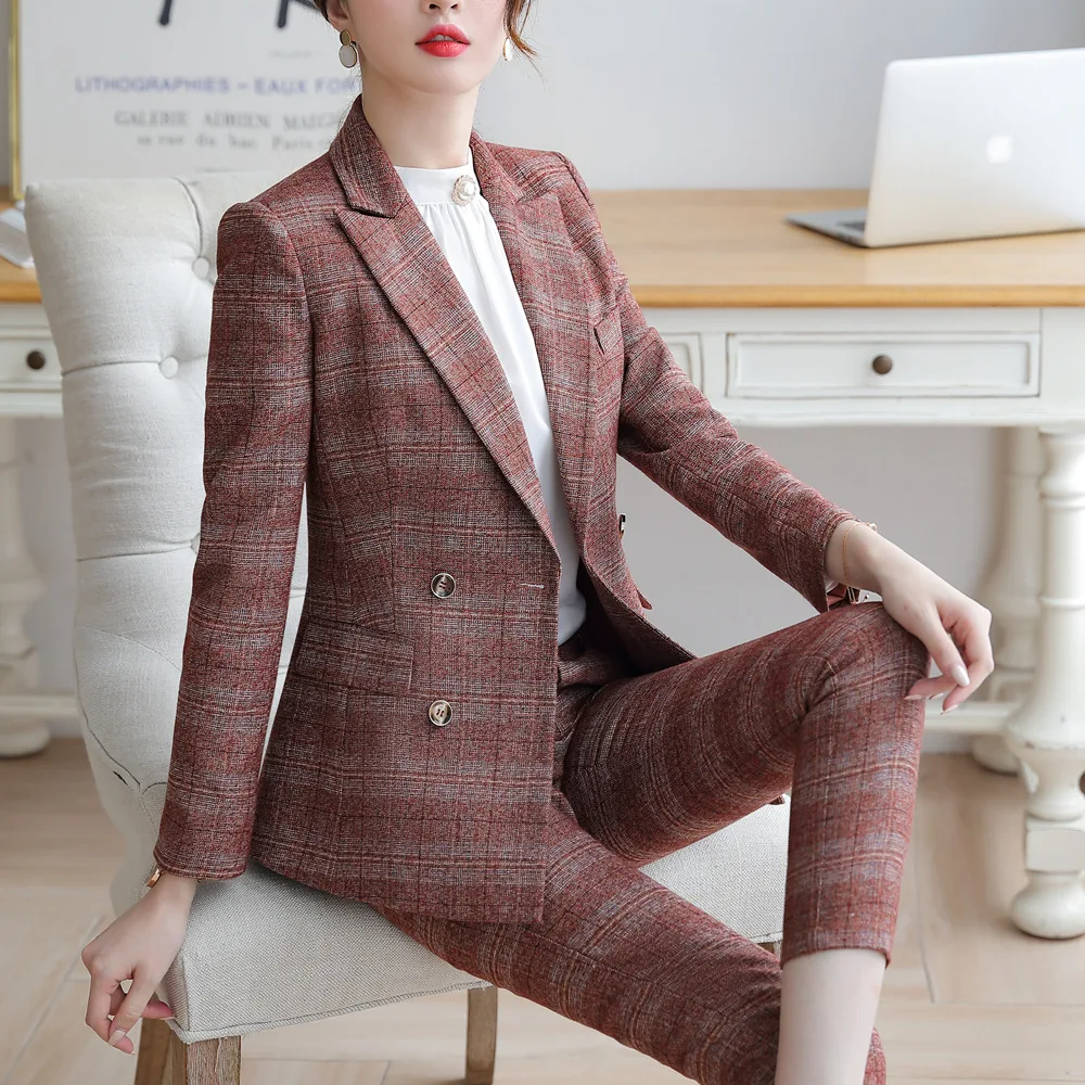 Клетчатые брюки костюм размера плюс элегантные комплект для офиса Дамский стиль