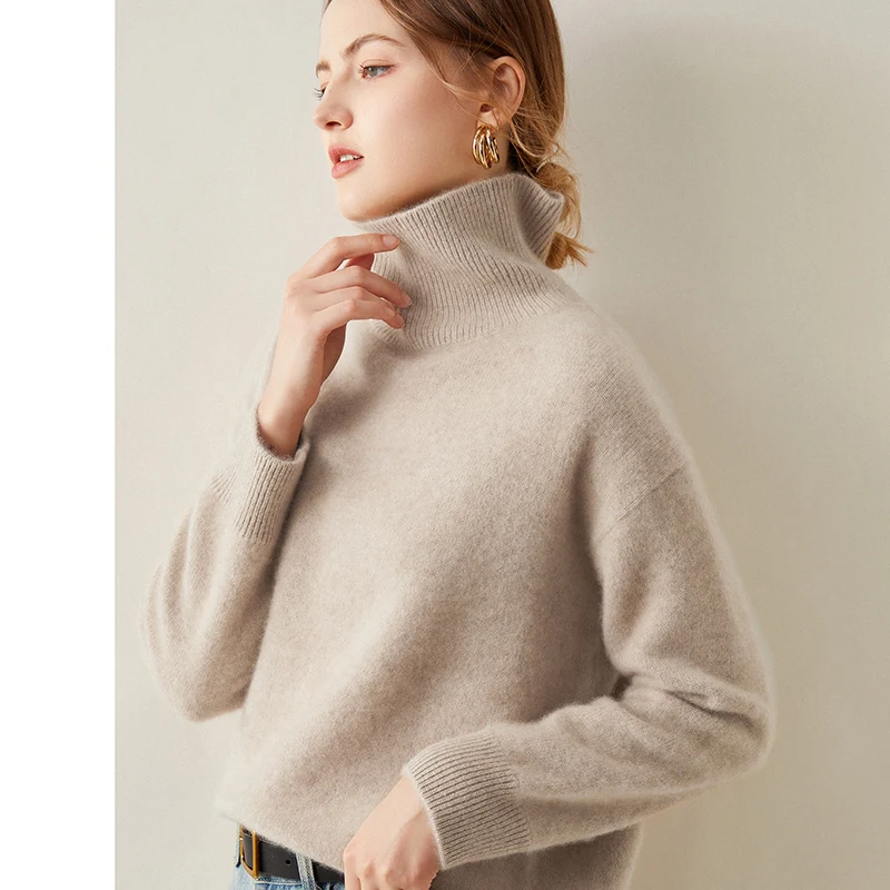Hot Sale Loose Sweaters Women 100% Pure Goat Cashmere Knitted Pullovers Ladies Turtleneck Long Sleeve Jumpers enlarge