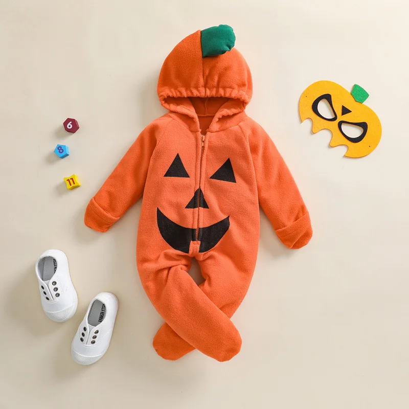 

Baby Pumpkin Hooded Romper, Long Sleeve 1 Piece Full Zip Footed Jumpsuit Warm Outwear 0-24 Months Bodysuits Baby Clothing