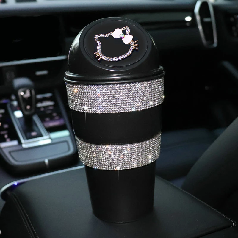 

Cute Cartoon Diamond Car Trash Can Mini Auto Garbage Can Bling Rubbish Bins Holder for Car Office Home Press-Top Waste Storage
