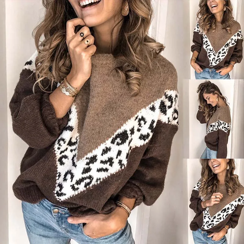 Женский свободный свитер с леопардовым принтом пуловер размера плюс вязаный