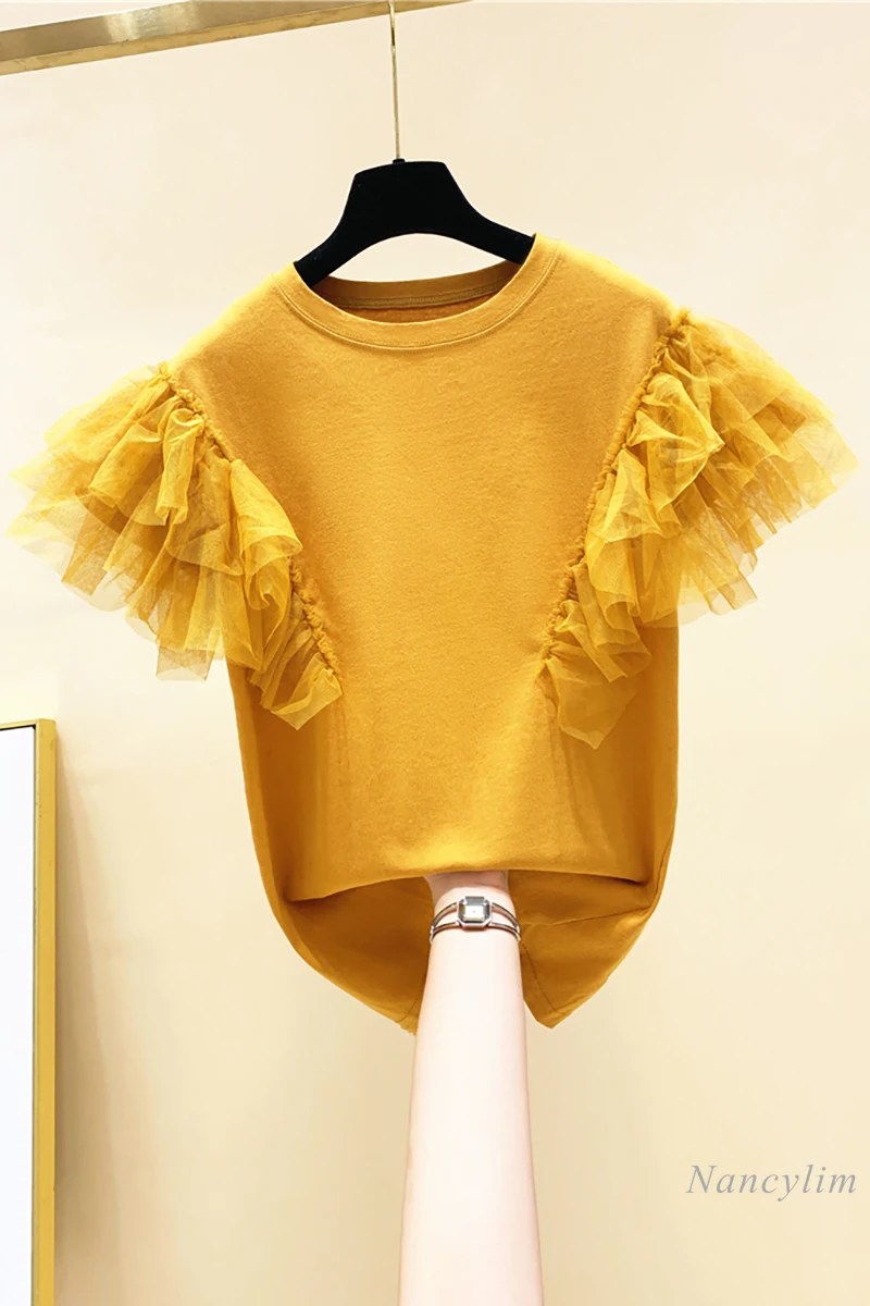 

Mesh Stitching Flying Short Sleeve Loose T-shirt Women 2021 Summer Clothing New All-Match Tops Girls Students Cotton Tees