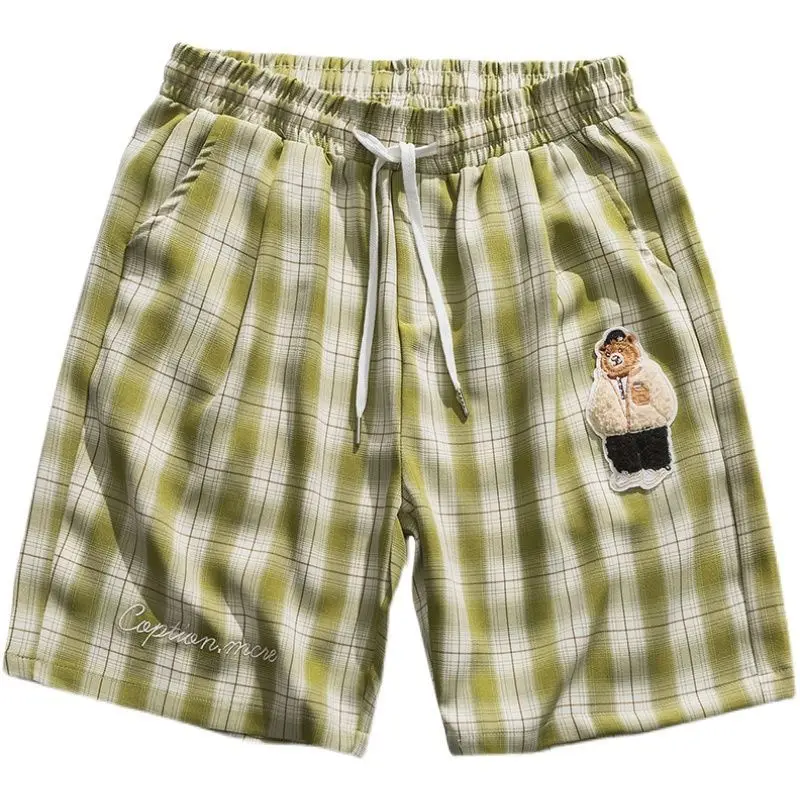

Girl Bear Embroidered Plaid Shorts Women's Summer Casual High-waist Sweatpants Female Loose Straight Wide-leg Five-point Pants