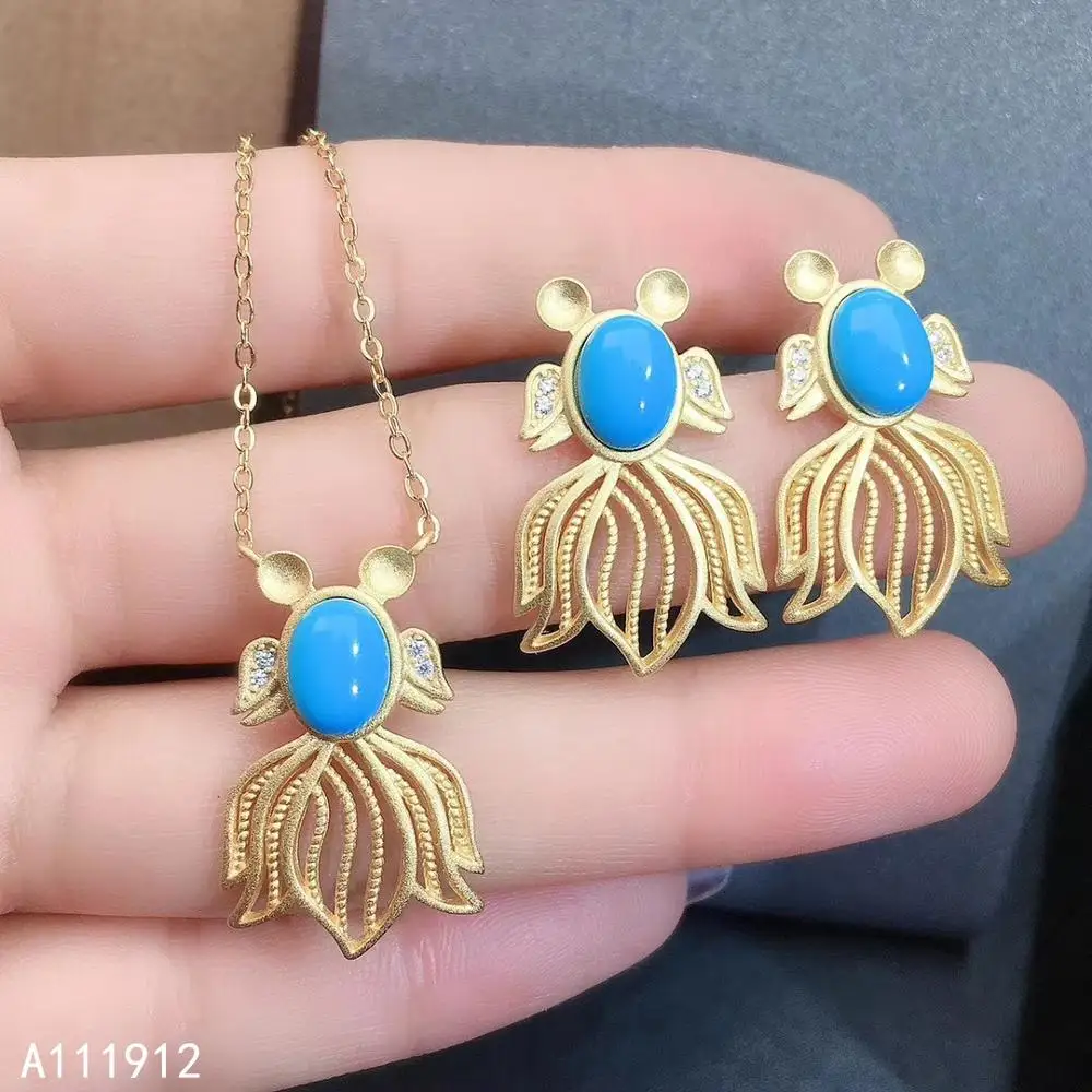 Комплект женских сережек и ожерелья из серебра натуральный голубой бирюзовый