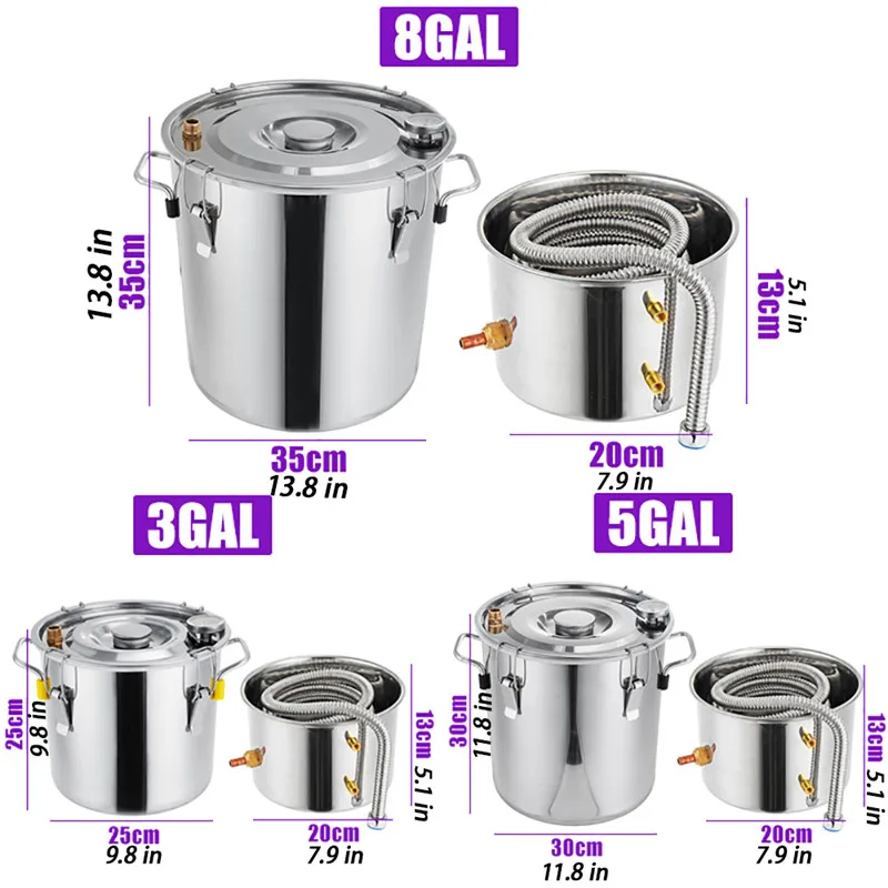 

3/5/8GAL 30L Efficient Distiller Alambic Moonshine Alcohol Still Stainless Copper DIY Brew Water Wine Essential Oil Brewing Kit