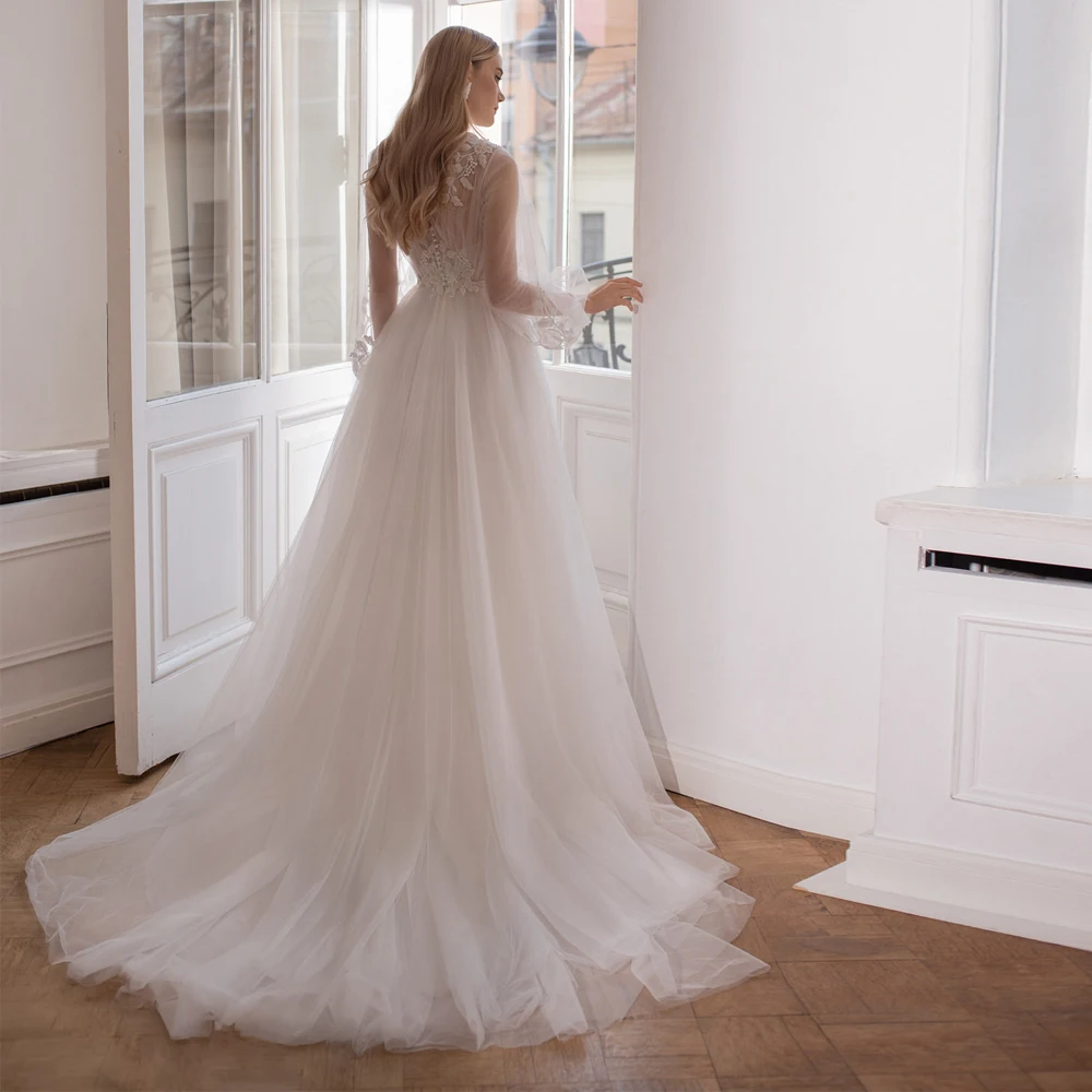 

Vestidos Elegant Wedding Dresses Tulle Illusion Appliques Bateau Full Sleeve Covered Button Ball Bridal Gowns