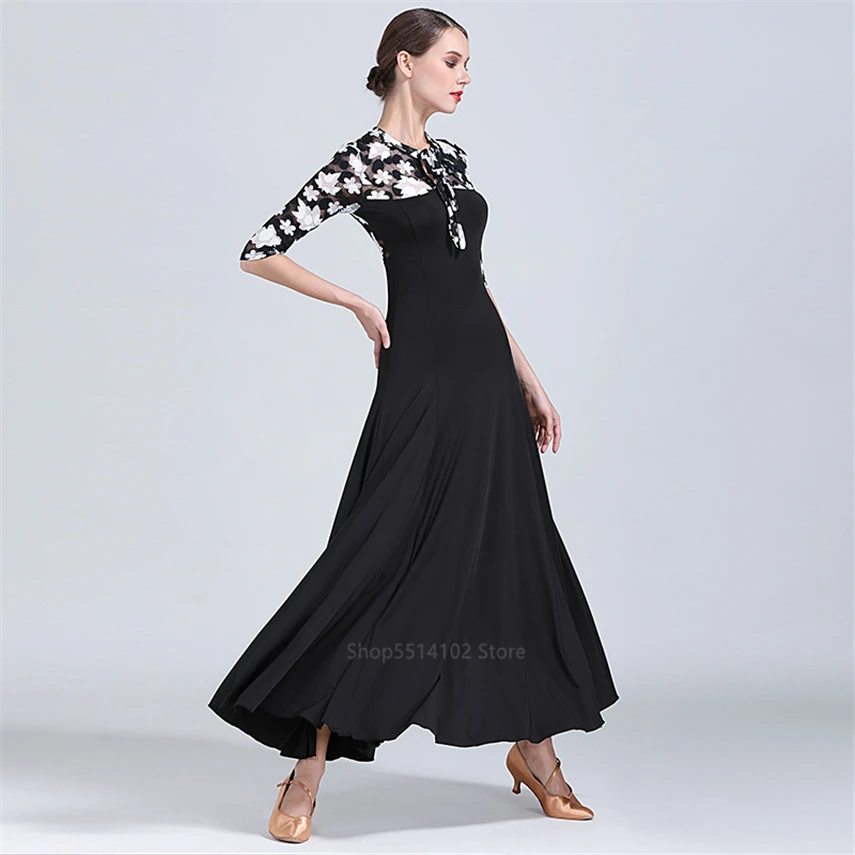 

2022Spanish Flamenco Dress for Women Girls Gypsy Dance Skirt Costume Lace Maple Leaf Stiching Big Wing Black Performance Vestido